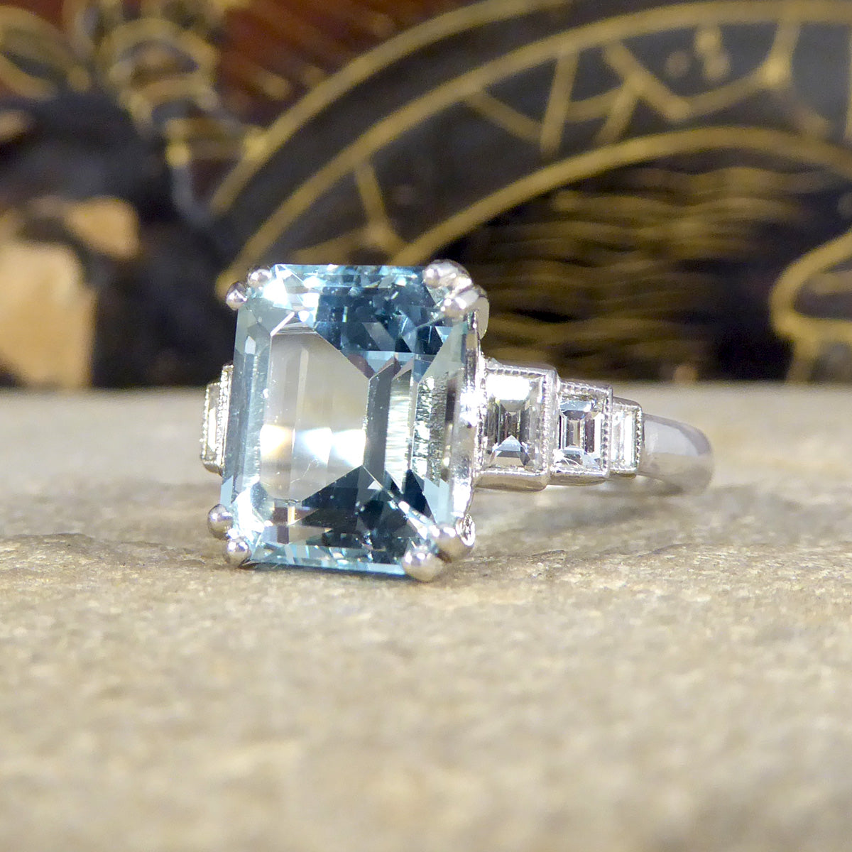 Art Deco Inspired 3.30ct Aquamarine and Diamond Staged Ring in Platinum - Wharfedale Antiques