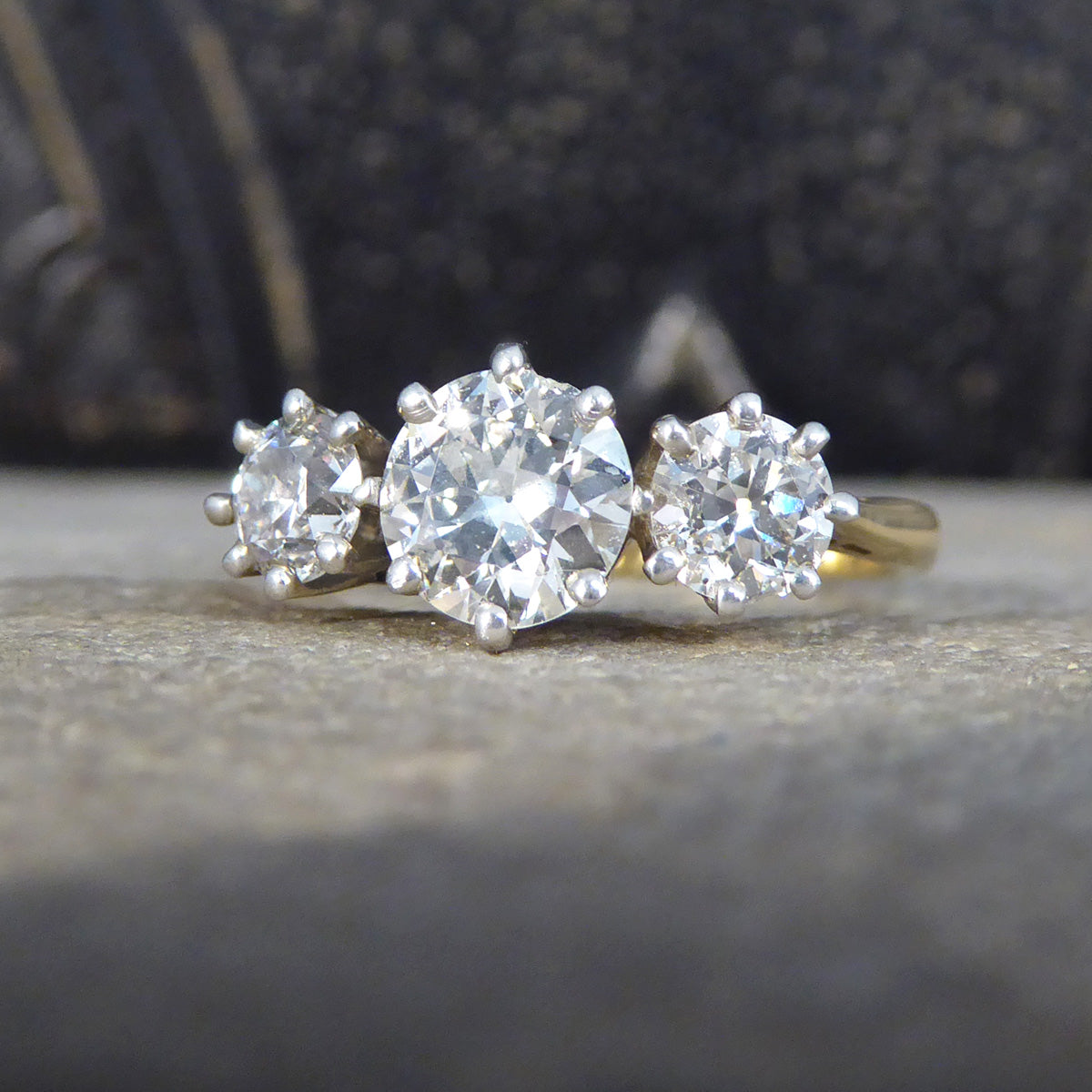 C1920's Diamond Three Stone 1.57ct Diamond Ring in 18ct Yellow Gold and Platinum - Wharfedale Antiques