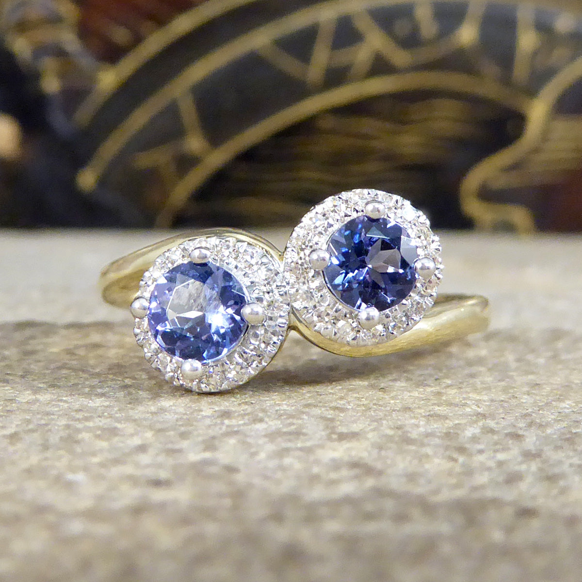 Edwardian Style Tanzanite and Diamond Cluster Toi Et Moi Twist Ring in Yellow and White Gold - Wharfedale Antiques