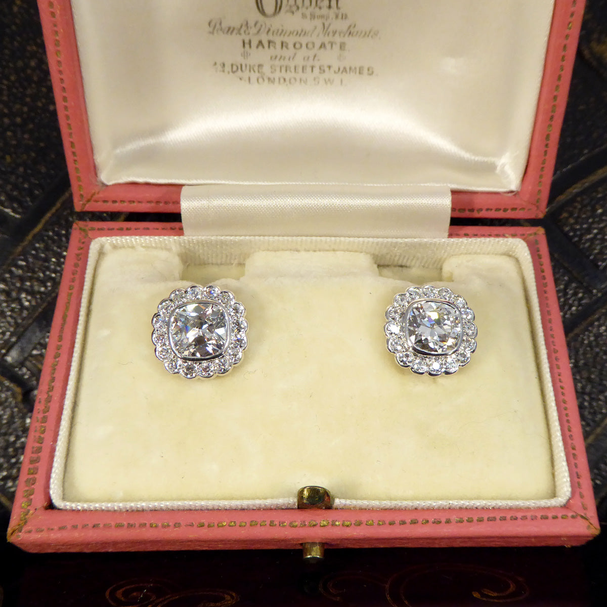 1940's Old Cushion Cut Daisy Cluster Stud Earrings in Platinum - Wharfedale Antiques