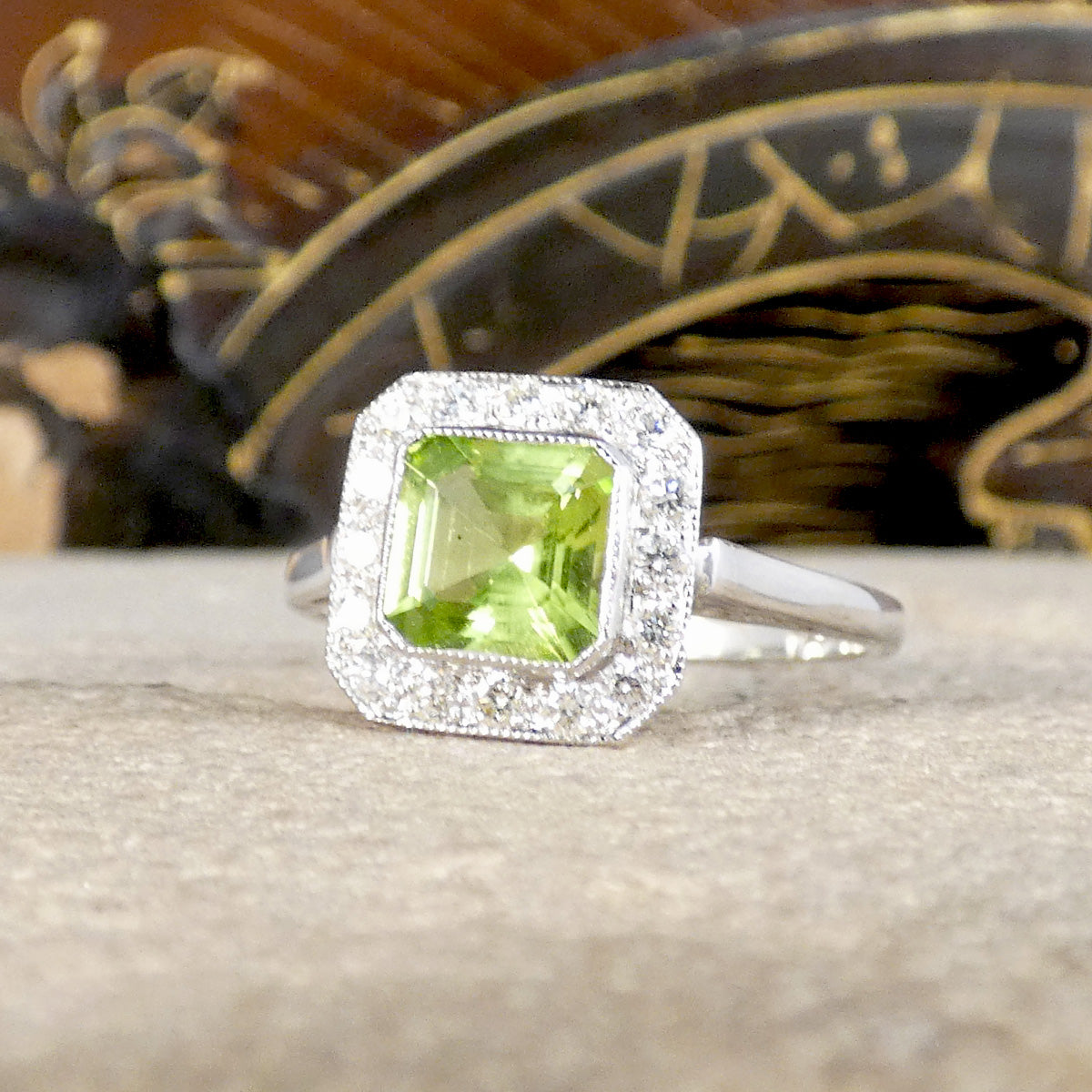 Art Deco Style Peridot and Diamond Cluster Ring in Platinum.