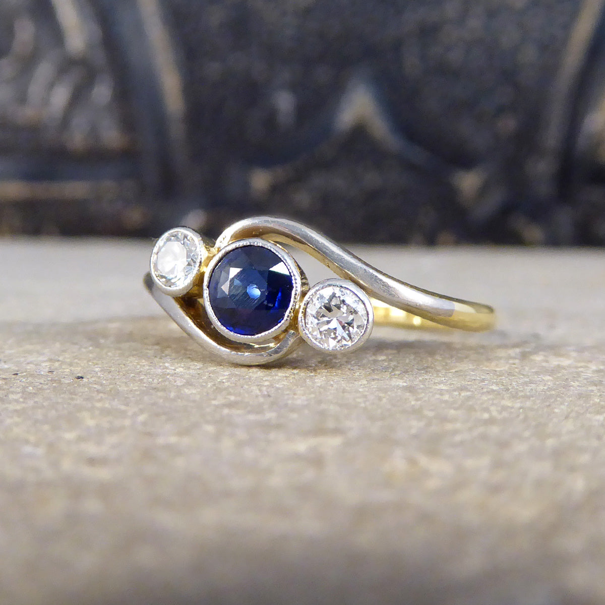 Edwardian Sapphire & Diamond Three Stone Crossover Ring in 18ct Gold and Platinum - Wharfedale Antiques