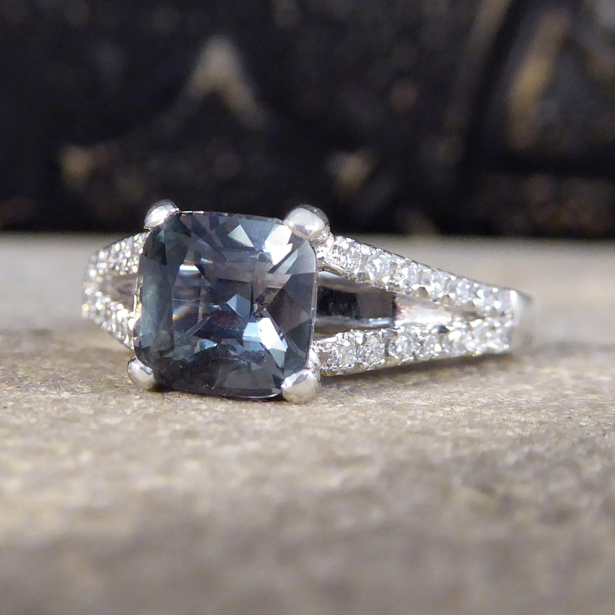 Teal Sapphire and Diamond set Split Shoulders in Platinum - Wharfedale Antiques