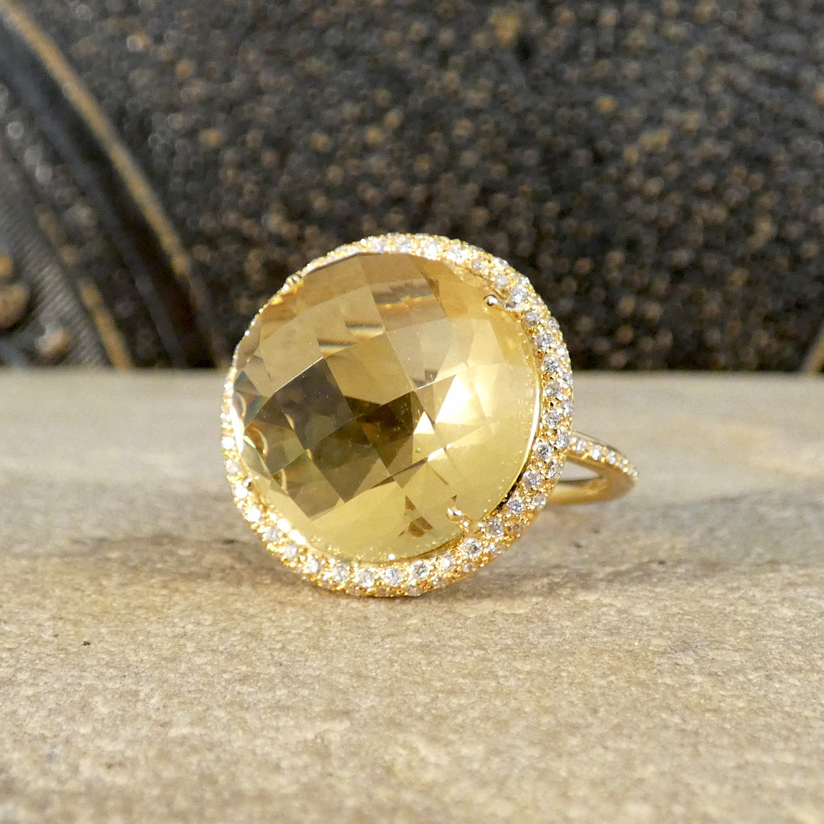 Citrine and Diamond Jelly Tot Ring in 18ct Yellow Gold with Diamond Set Shoulders - Wharfedale Antiques