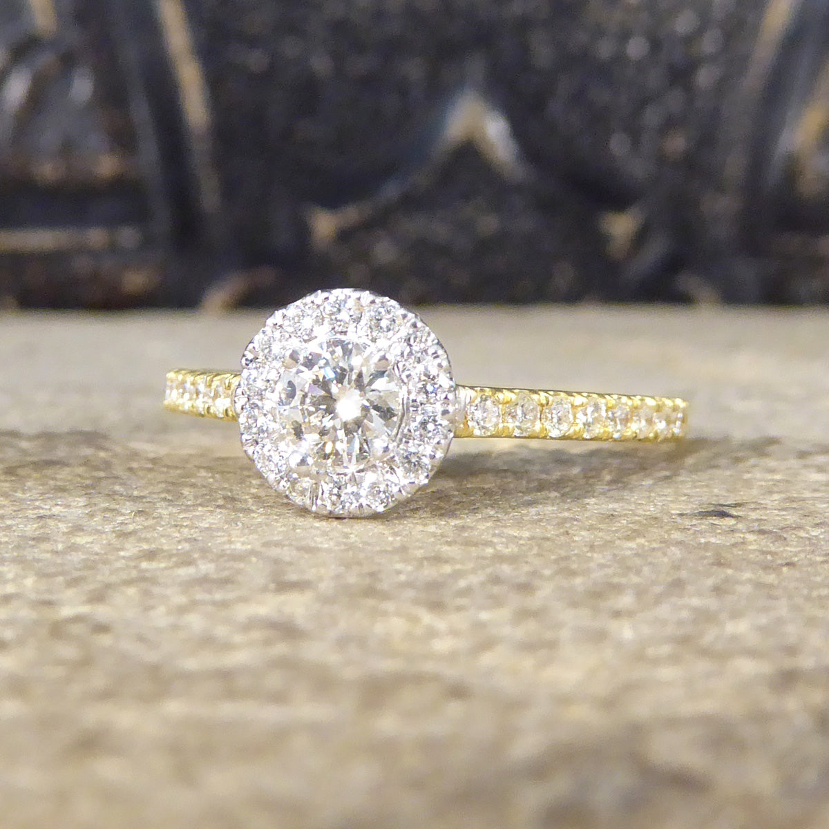 Diamond Cluster Halo Engagement Wedfit Ring with Diamond Shoulders in 18ct Yellow and White Gold - Wharfedale Antiques