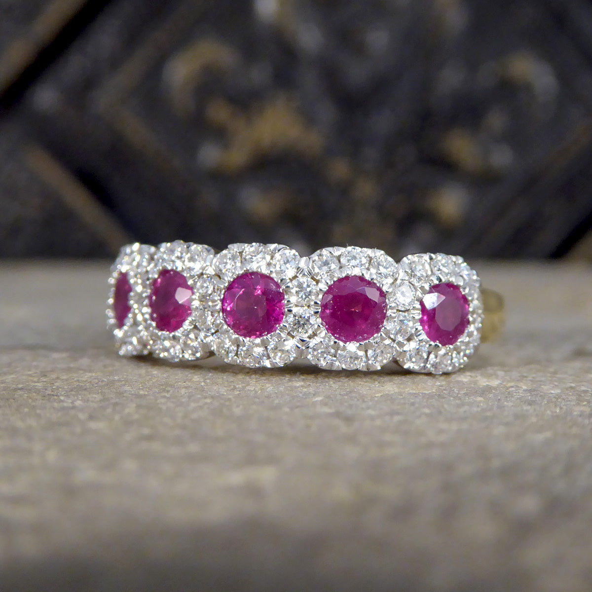 Ruby and Diamond Sextuple Cluster Ring in 18ct Yellow and White Gold - Wharfedale Antiques