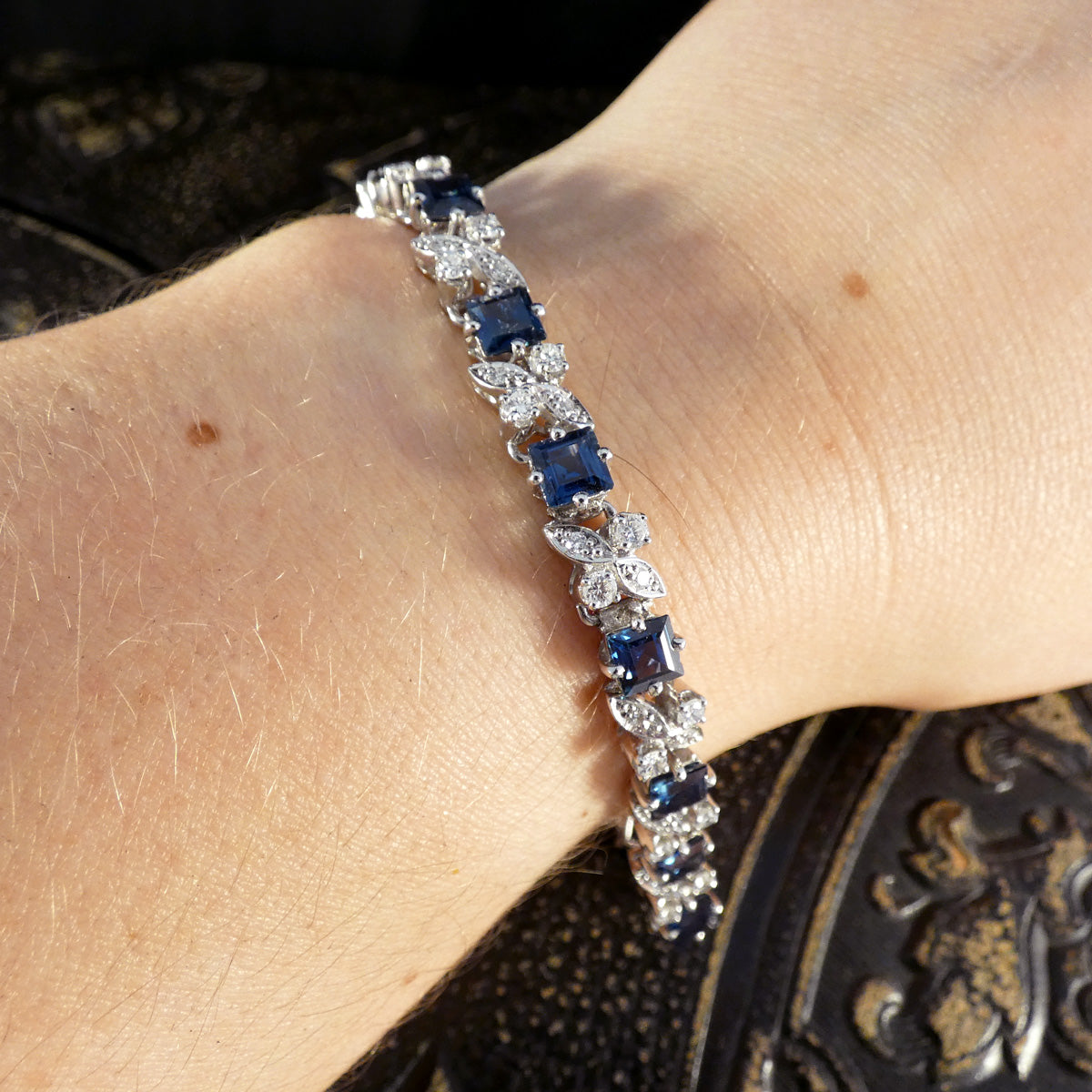 Vintage Square Cut Sapphire and Diamond Line Bracelet in 18ct White Gold C1990 - Wharfedale Antiques