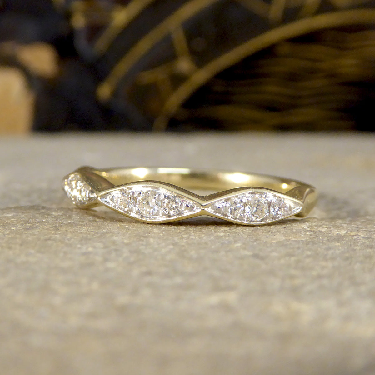 Diamond set Geometric Half Eternity Band Ring in Yellow Gold - Wharfedale Antiques