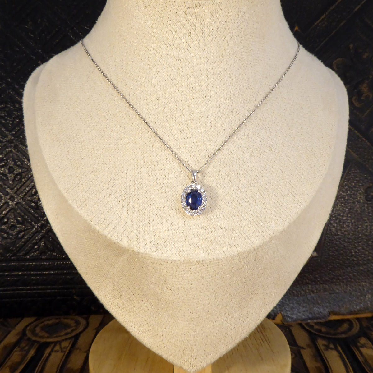 Sapphire and Diamond Cluster Pendant Necklace in 18ct White Gold - Wharfedale Antiques