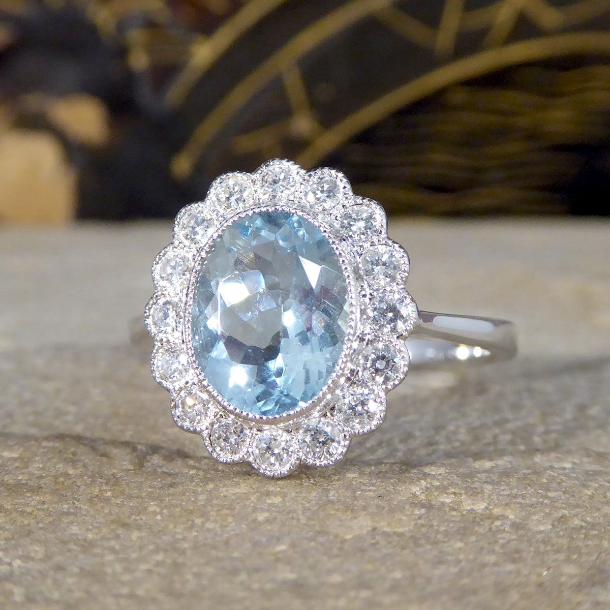 Vintage style 1.69ct Aquamarine and Diamond Cluster Ring in 18ct White Gold