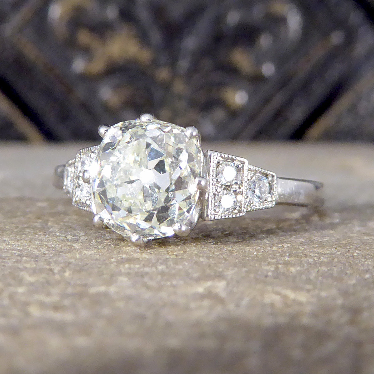 1.70ct Old European Cushion Cut Diamond Solitaire with Diamond Shoulders in Platinum - Wharfedale Antiques