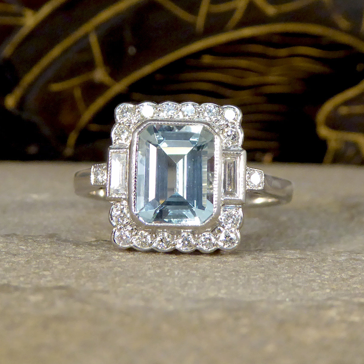 Art Deco Inspired Aquamarine and Diamond Cluster Ring in Platinum - Wharfedale Antiques