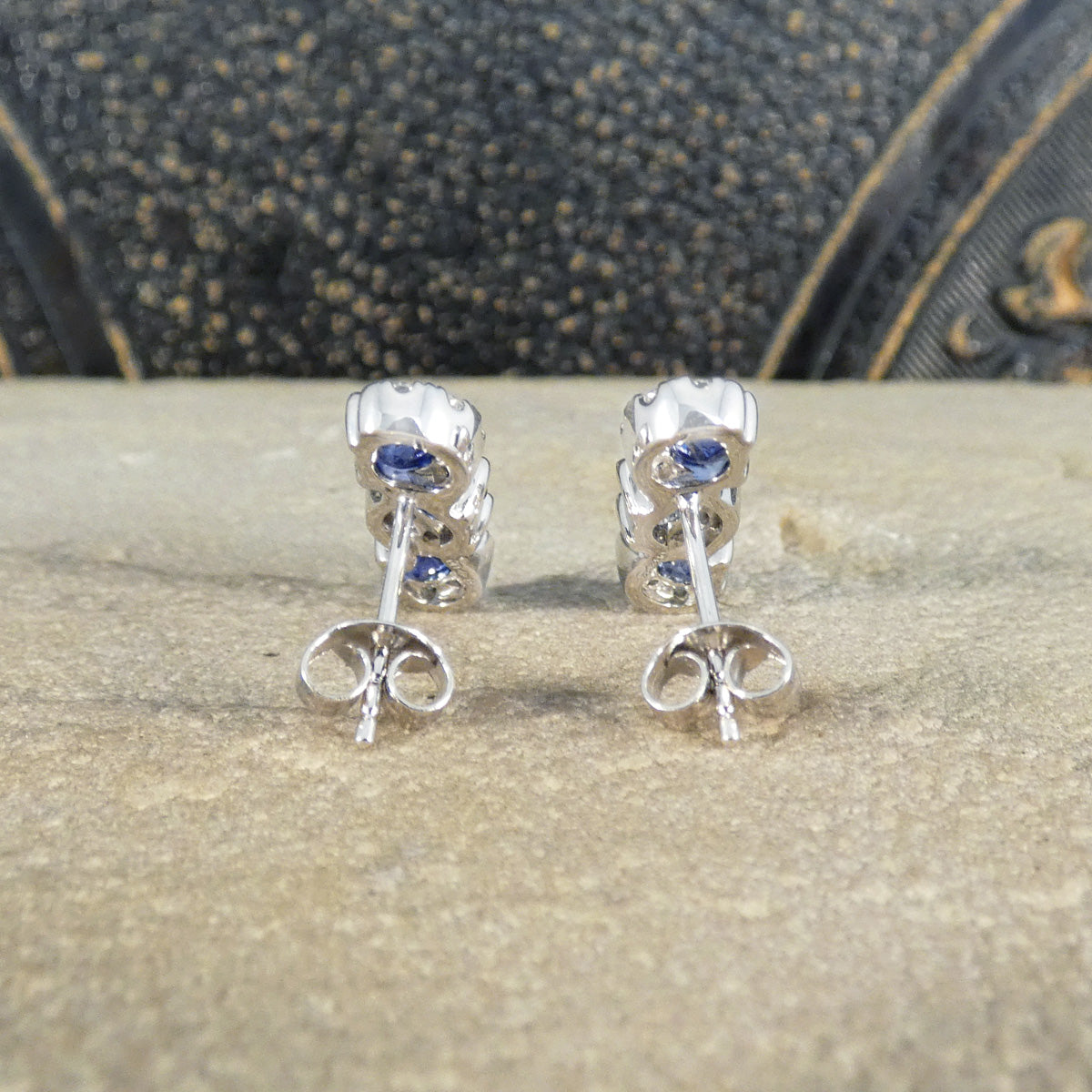 Ceylon Sapphire and Diamond Three Stone Lazy River Earrings in Platinum - Wharfedale Antiques