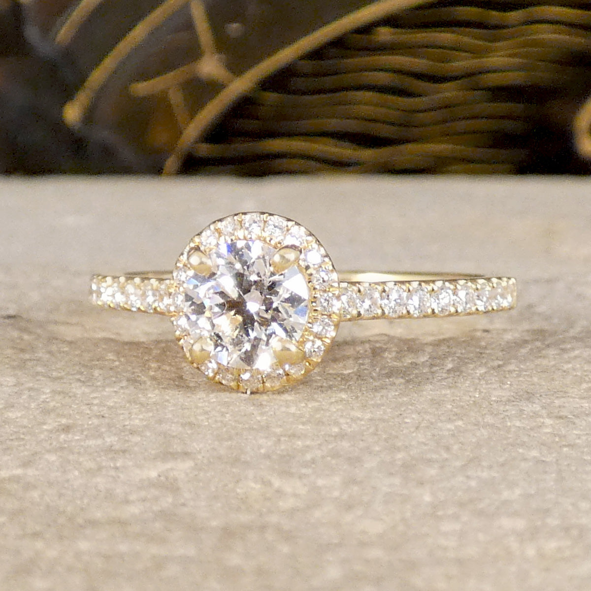 GIA Cert D Colour Diamond Halo Cluster Engagement Ring with Diamond Shoulders in 18ct Yellow Gold.
