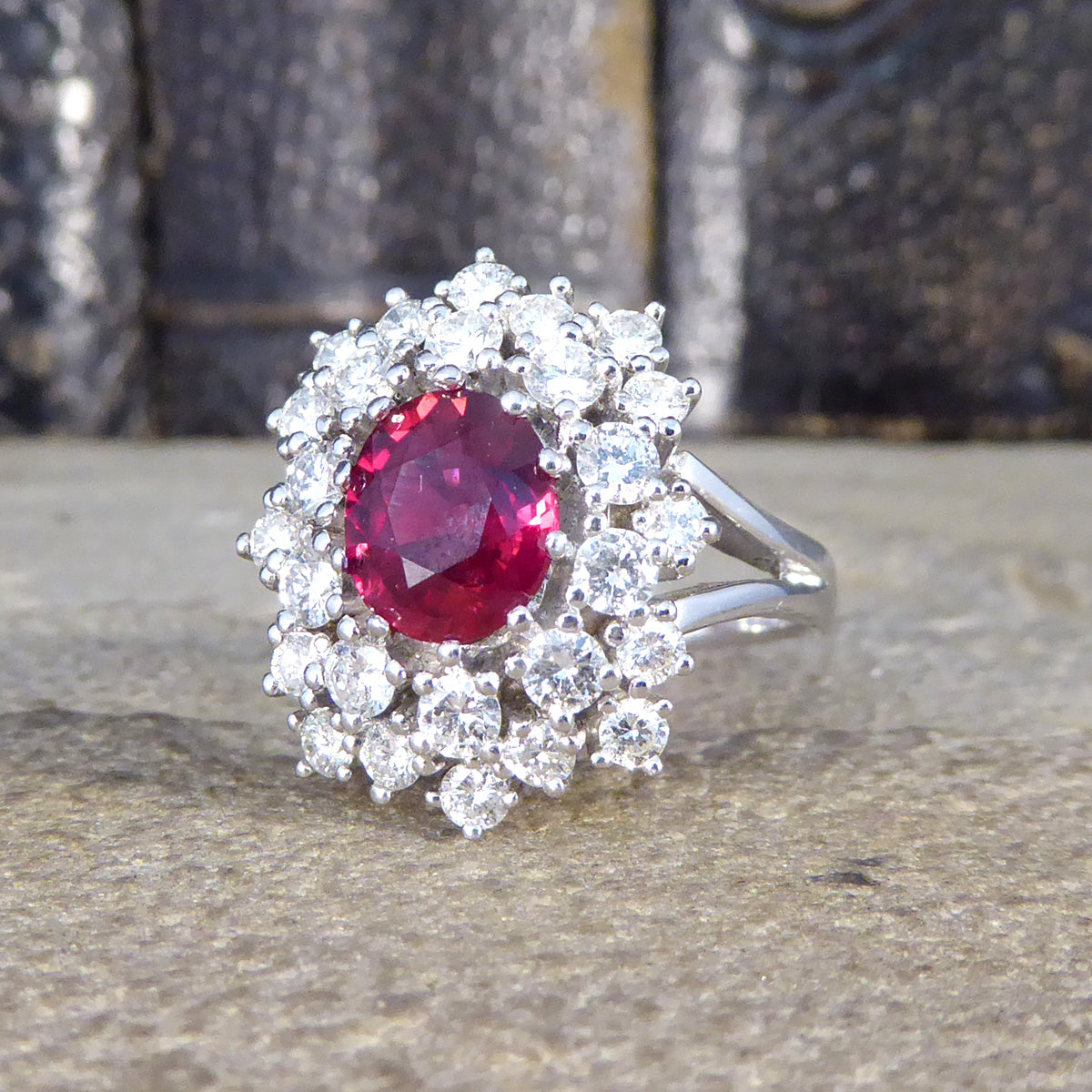 Contemporary 1.80ct No Heat Ruby and 1.28ct Diamond Double Cluster Ring in 18ct White Gold - Wharfedale Antiques