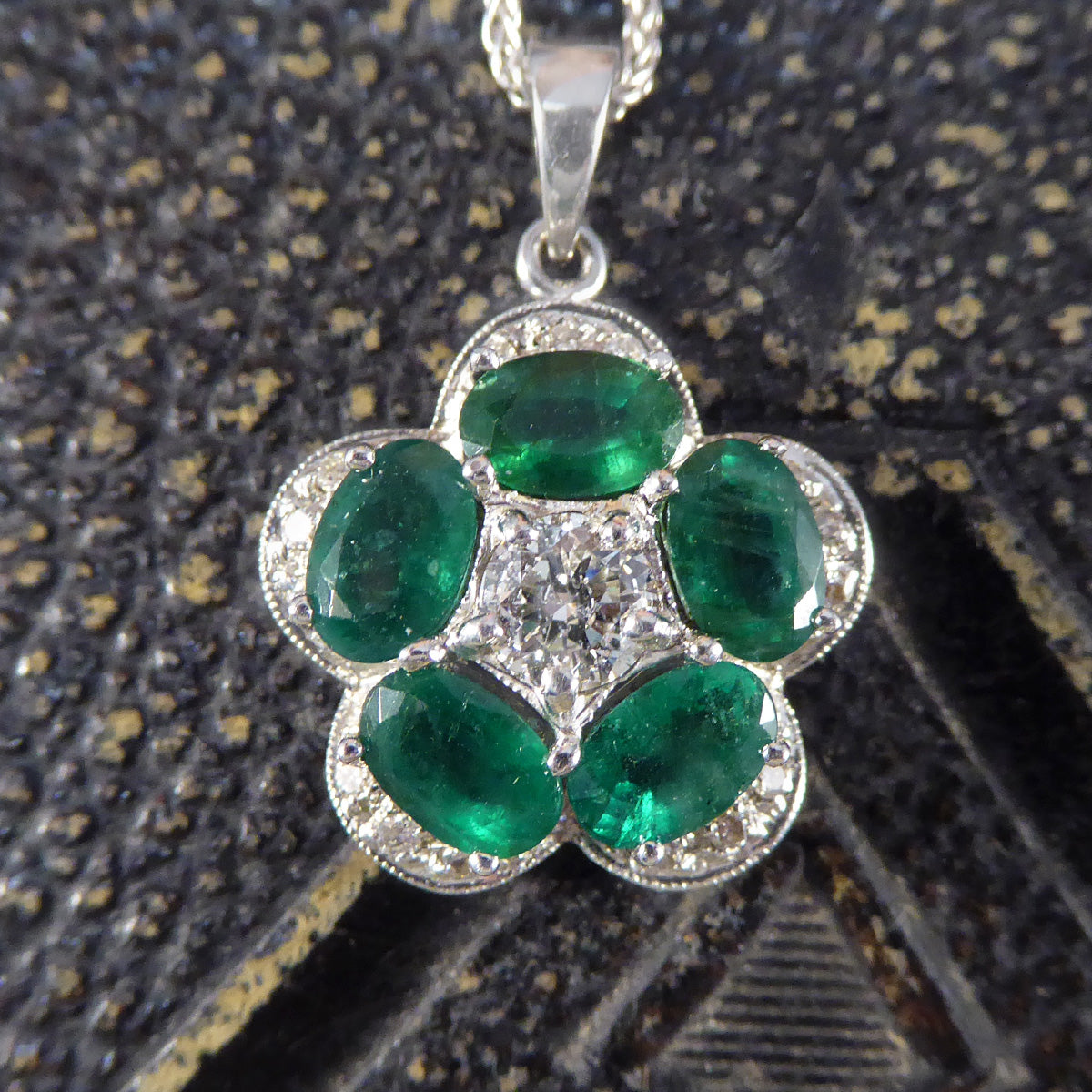 Emerald and Diamond Flower Cluster Pendant in 14ct White Gold with 18ct White Gold Chain Necklace - Wharfedale Antiques