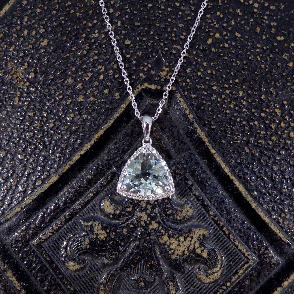 Majestic Trillion Cut Green Amethyst and Diamond Halo Pendant Necklace in White Gold - Wharfedale Antiques