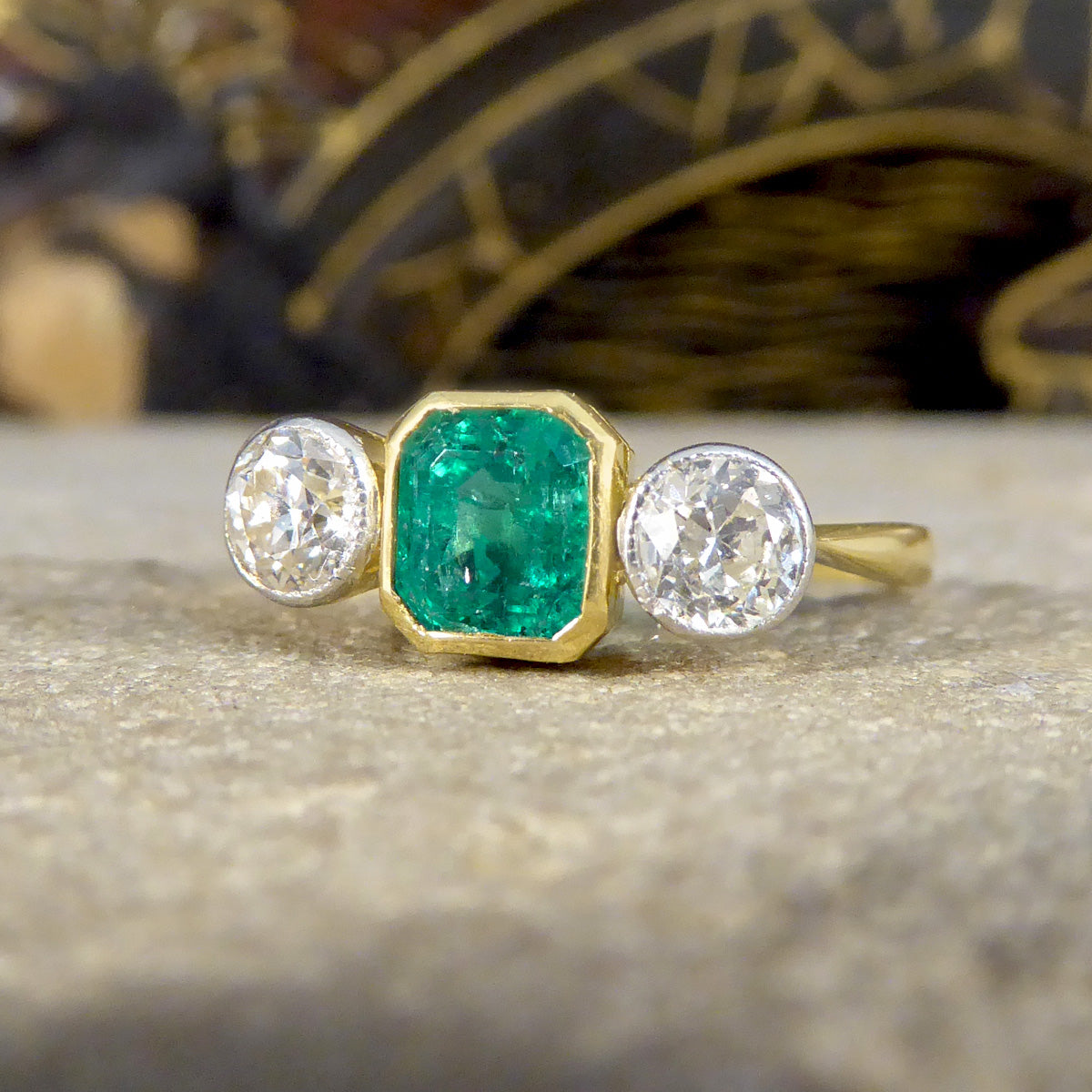 Emerald and Diamond Bezel Set Three Stone Ring in 18ct Yellow Gold and Platinum - Wharfedale Antiques