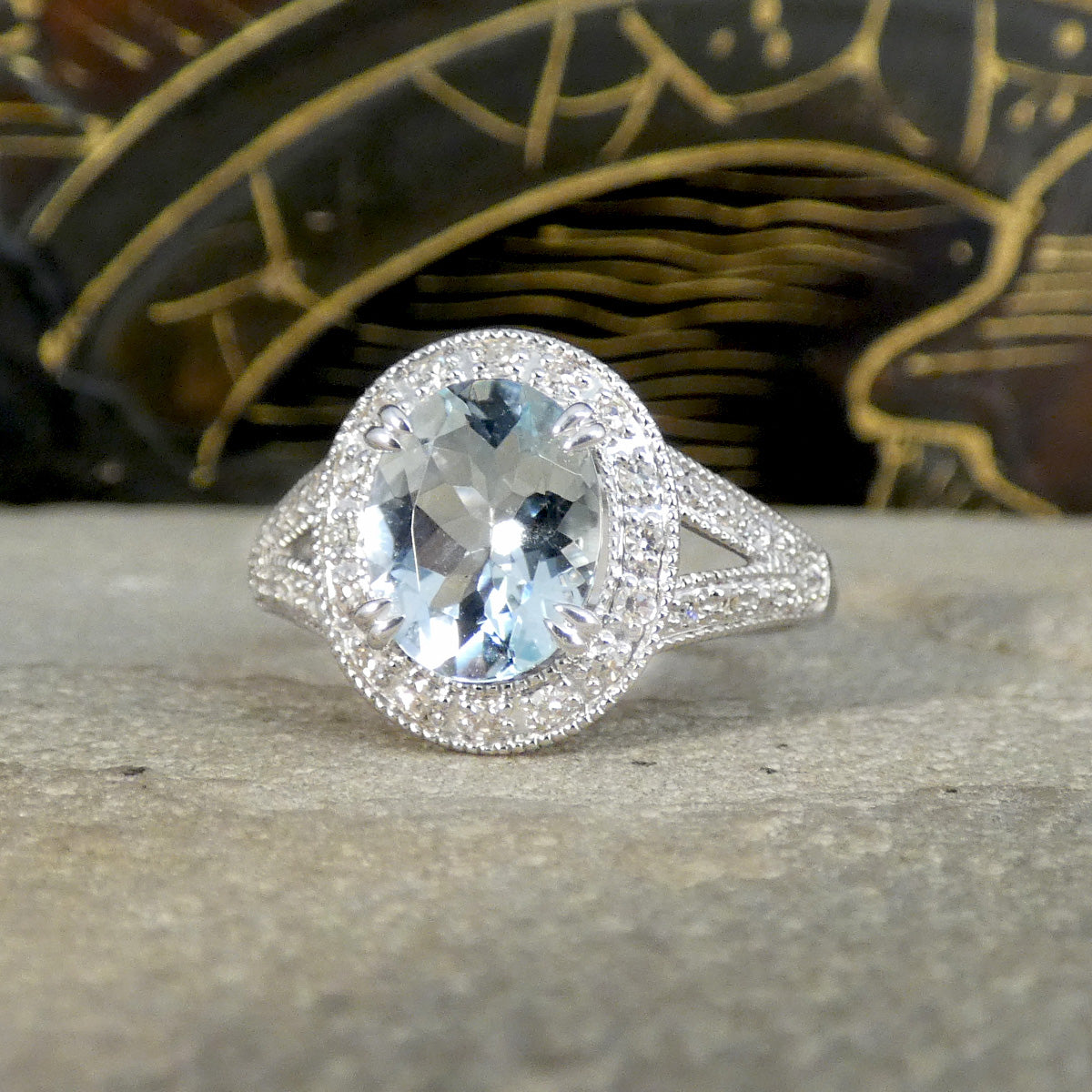 Aquamarine and Diamond Cluster Ring with Diamond Split Shoulder in White Gold - Wharfedale Antiques