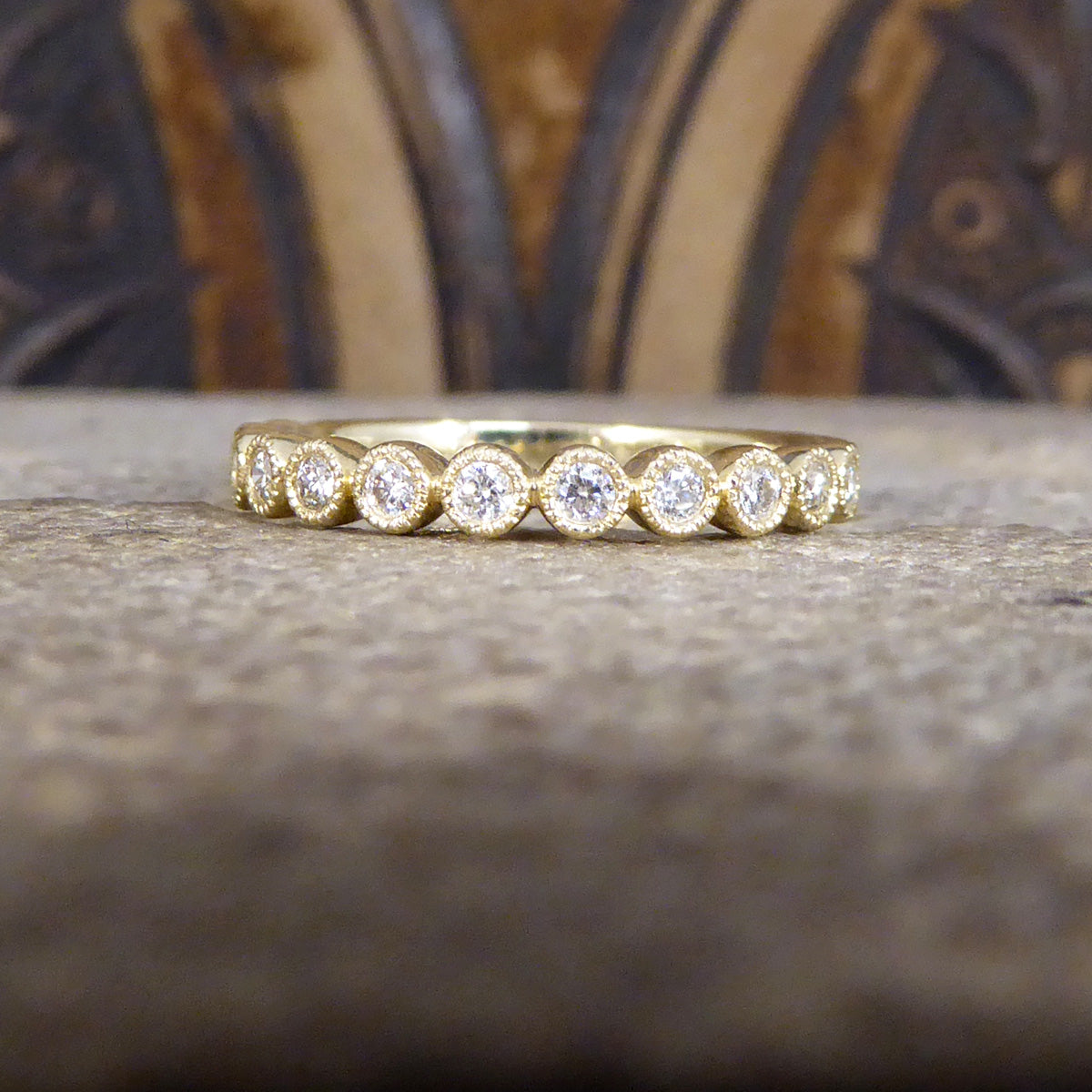 Diamond Half Eternity Ring in Circular Style Rub Over Collar Set Yellow Gold