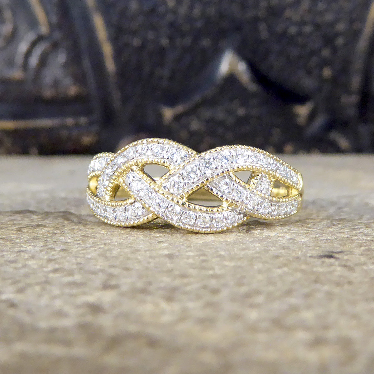 Diamond Set Milgrain Plait Half Eternity Ring in Yellow Gold - Wharfedale Antiques