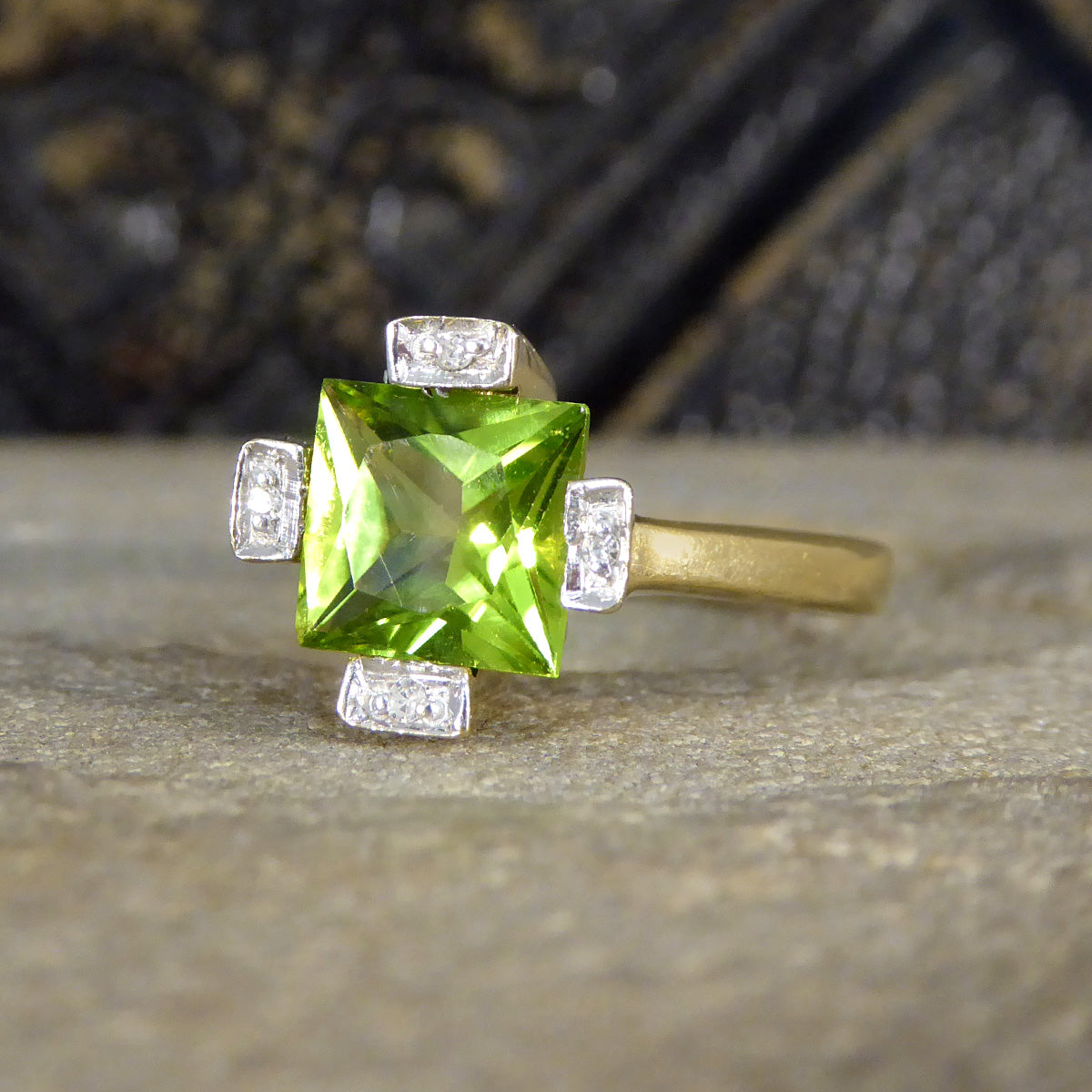Vintage Peridot and Diamond Geometric Ring in Yellow Gold - Wharfedale Antiques