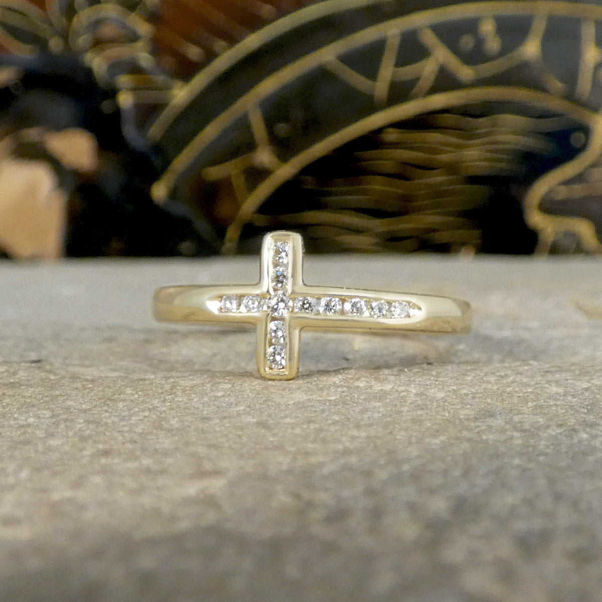 Diamond Set East West Cross Ring in Yellow Gold - Wharfedale Antiques