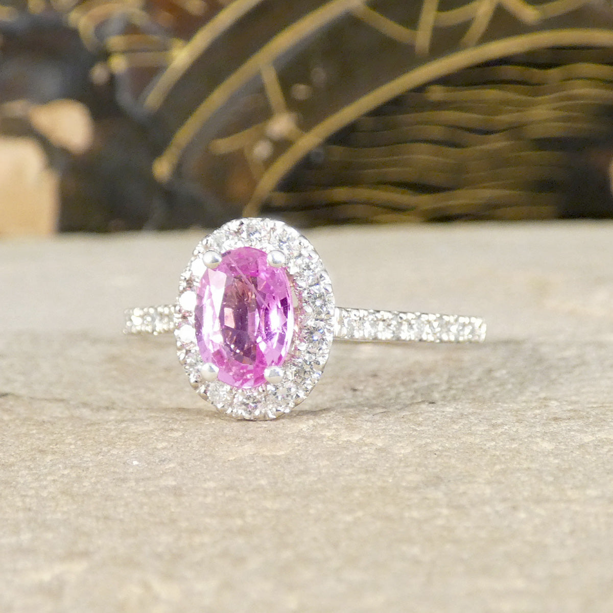 Pink Sapphire and Diamond Cluster Wedfit Ring with Diamond Shoulders in Platinum