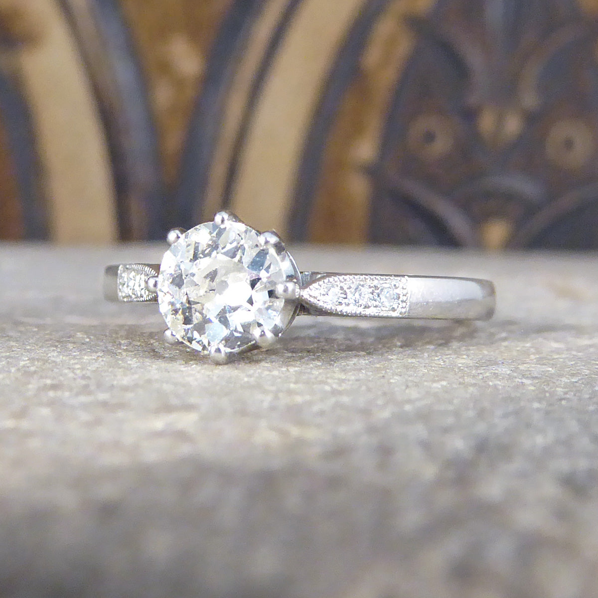 0.53ct Old Cut Diamond Solitaire with Diamond Shoulders in Platinum - Wharfedale Antiques