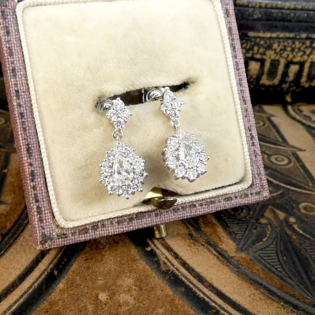 1.40ct Diamond Pear Cut Cluster Drop Earrings in 18ct White Gold - Wharfedale Antiques