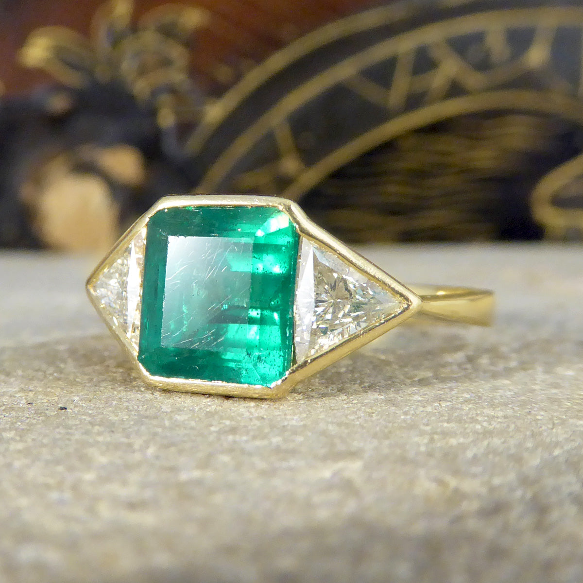 Vintage Emerald and Trillian Cut Diamond Three Stone in 18ct Yellow Gold - Wharfedale Antiques