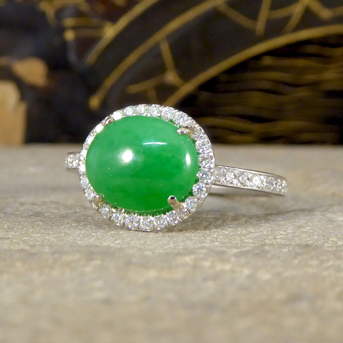 Jade and Diamond Halo Cluster ring in Platinum - Wharfedale Antiques
