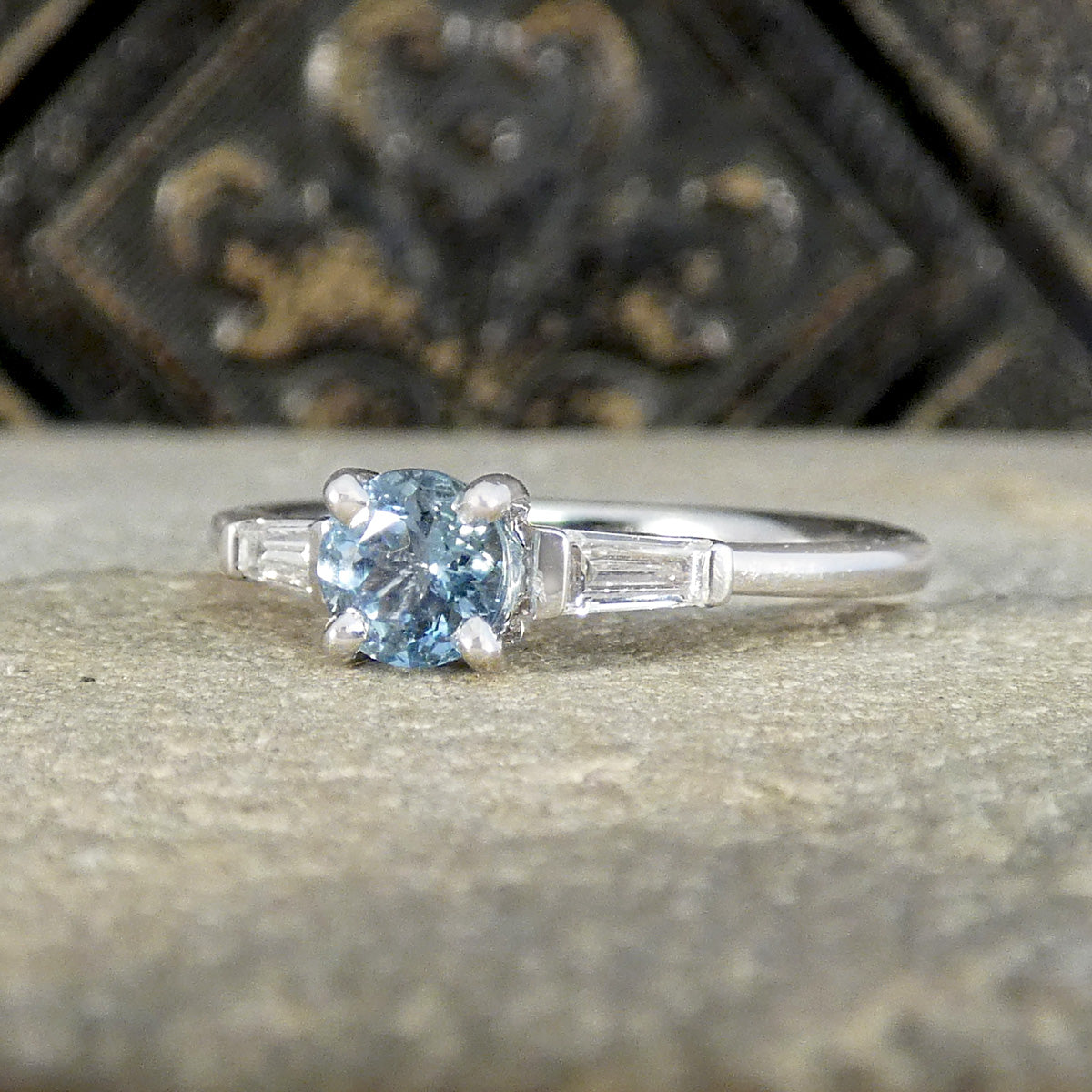 Aquamarine Solitaire with Tapered Baguette Diamond Shoulders in 18ct White Gold - Wharfedale Antiques