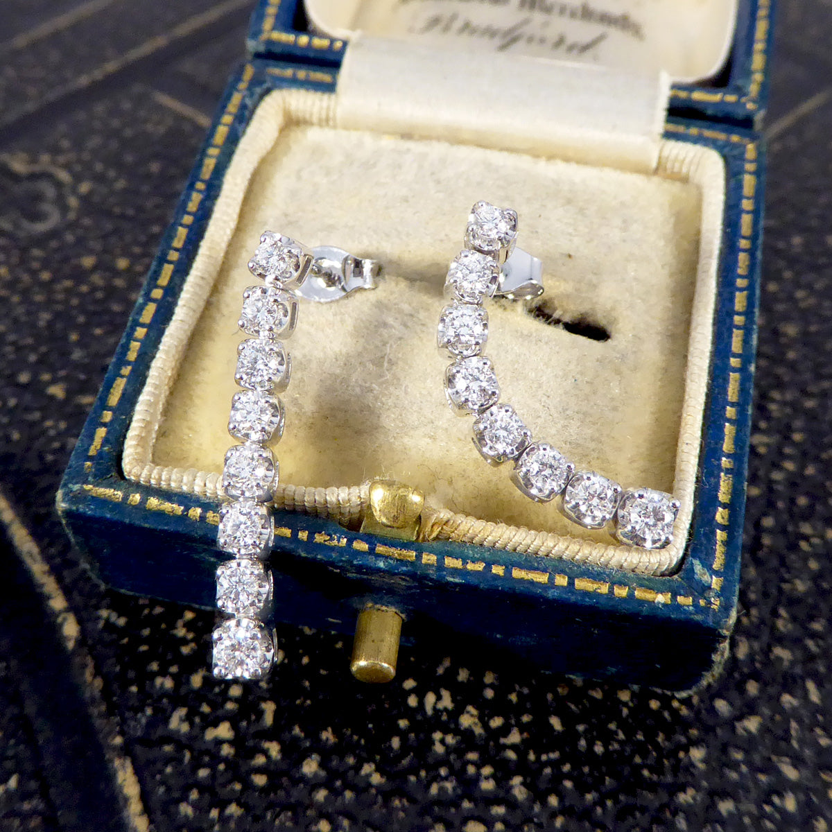 Modern Diamond Drop Linked Dangle Earrings in White Gold - Wharfedale Antiques