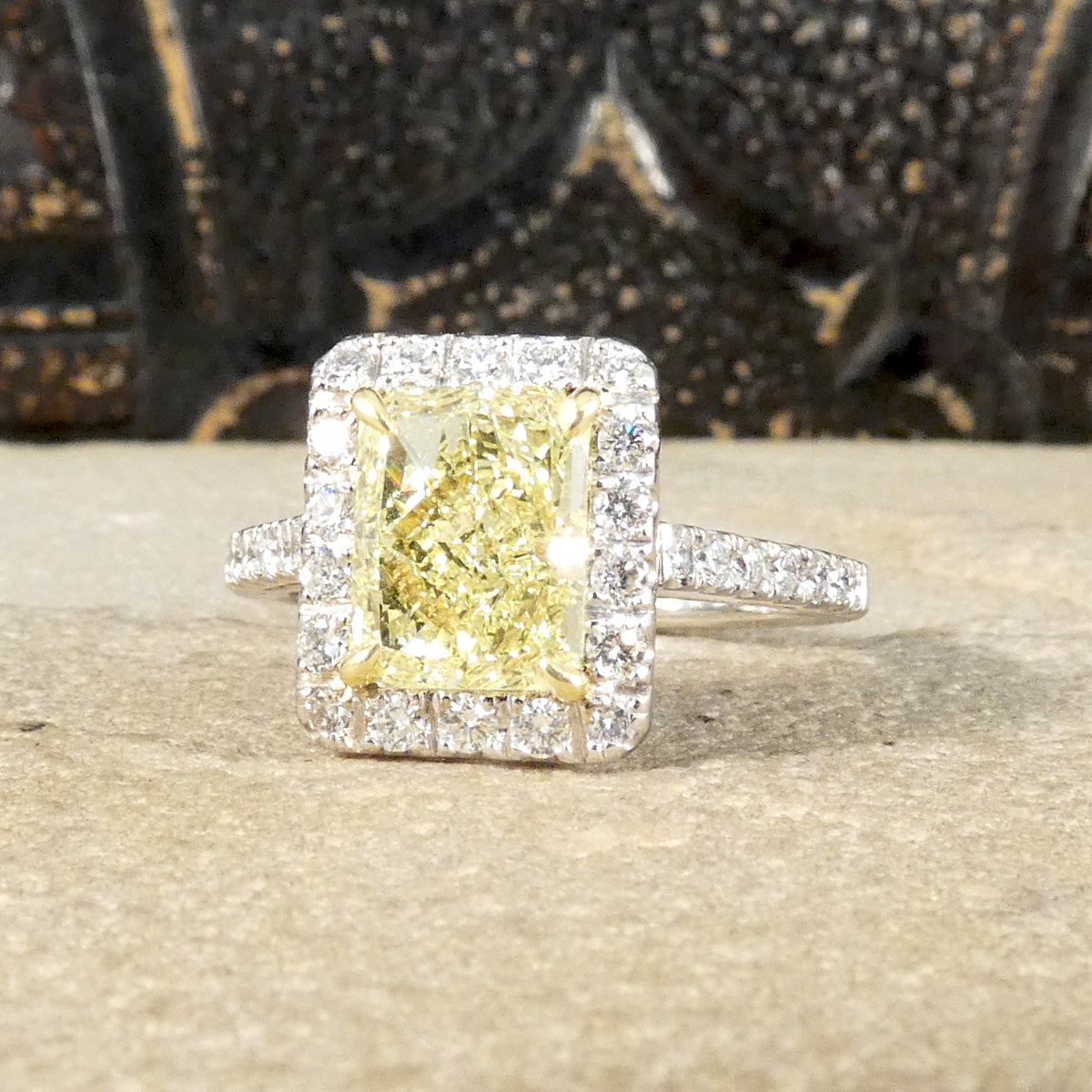 Natural Yellow Radiant Cut Diamond with GIA grading in a four claw setting. Surrounded by a halo of bright white Diamonds and Diamond set shoulders in 18ct White Gold. Perfect engagement ring.