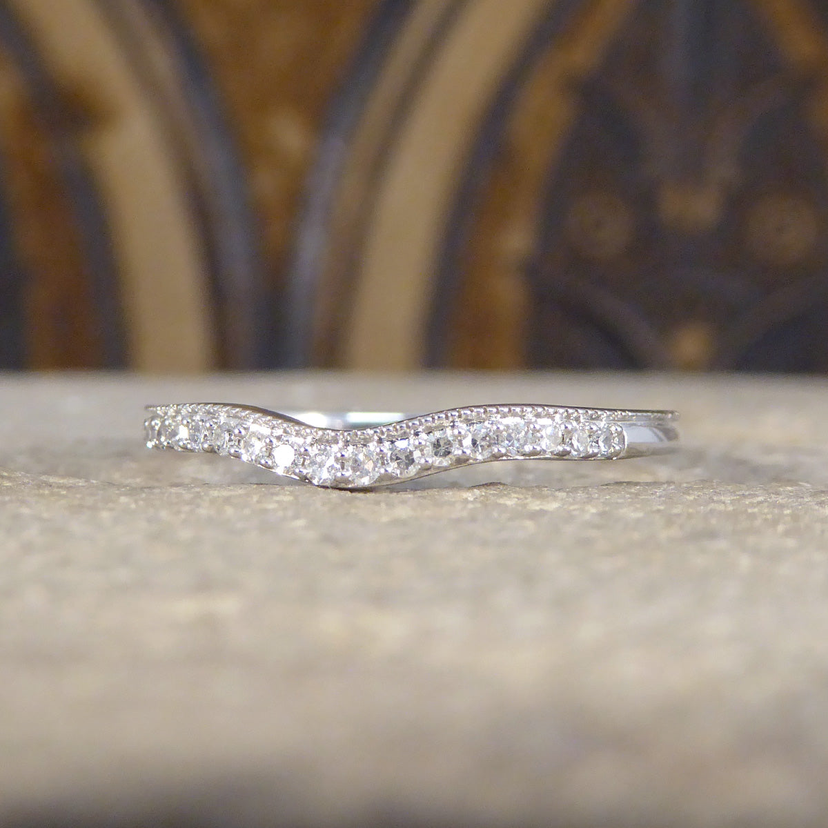 Diamond Set Fine Curved Wishbone Ring in 18ct White Gold - Wharfedale Antiques