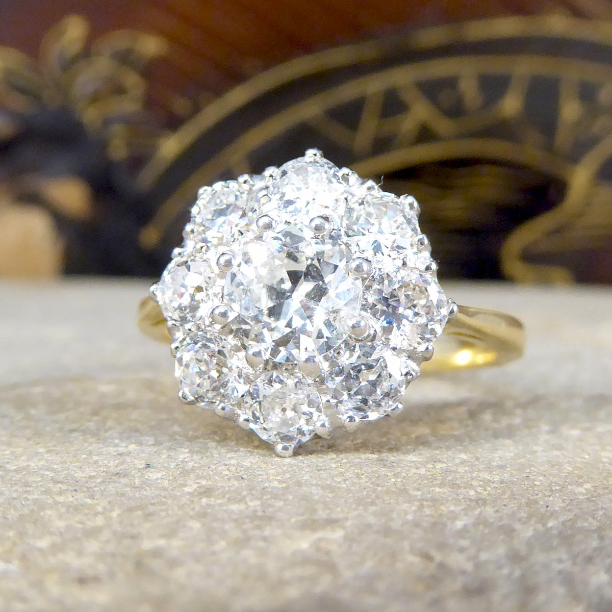 Edwardian Style 1.85ct Old Cut Diamond Daisy Cluster Ring in 18ct Yellow Gold - Wharfedale Antiques