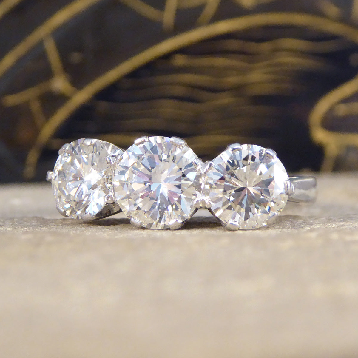 Vintage 3.20ct Brilliant Cut Diamond Three Stone Trilogy Ring in 18ct White Gold - Wharfedale Antiques