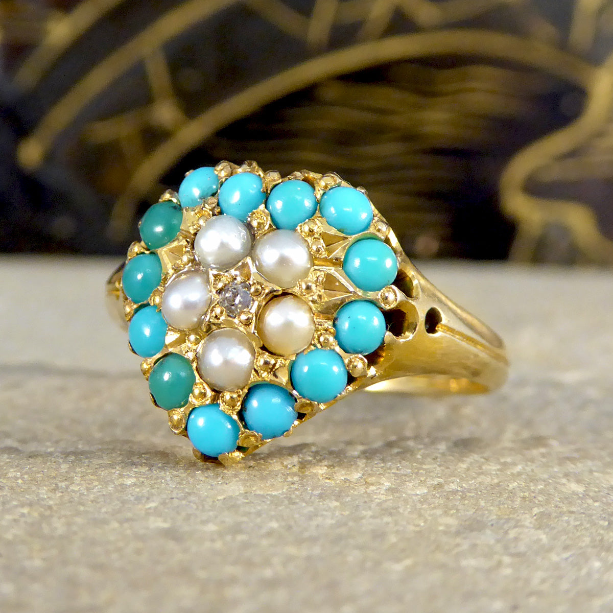 Victorian Heart Shaped Turquoise Seed Pearl and Diamond Cluster Ring in 18ct Yellow Gold - Wharfedale Antiques