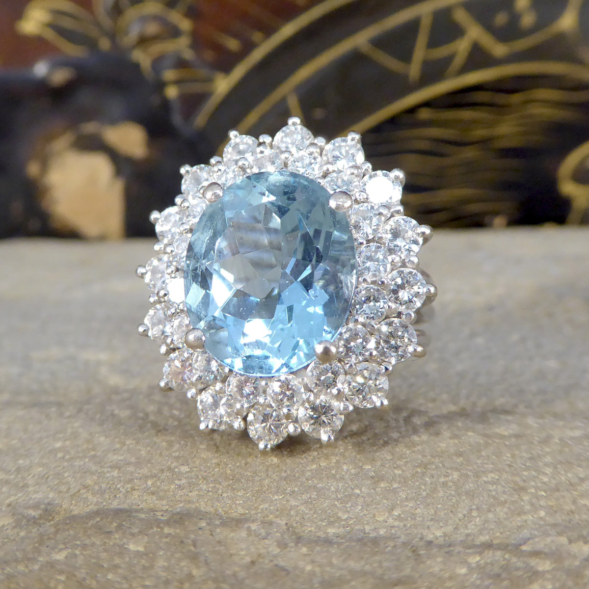 4.30ct Aquamarine and Diamond Double Cluster Ring in 18ct White Gold