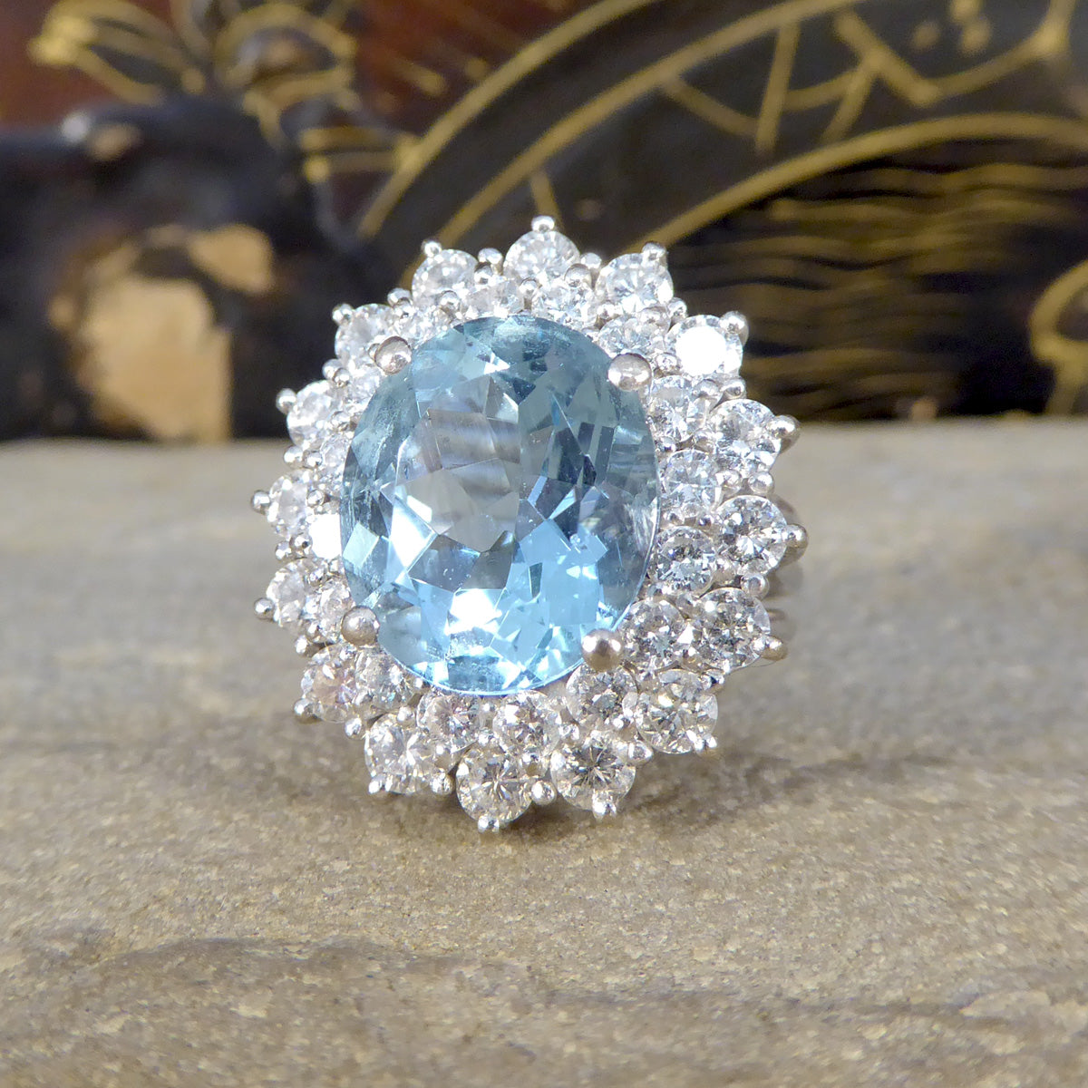 4.30ct Aquamarine and Diamond Double Cluster Ring in 18ct White Gold - Wharfedale Antiques