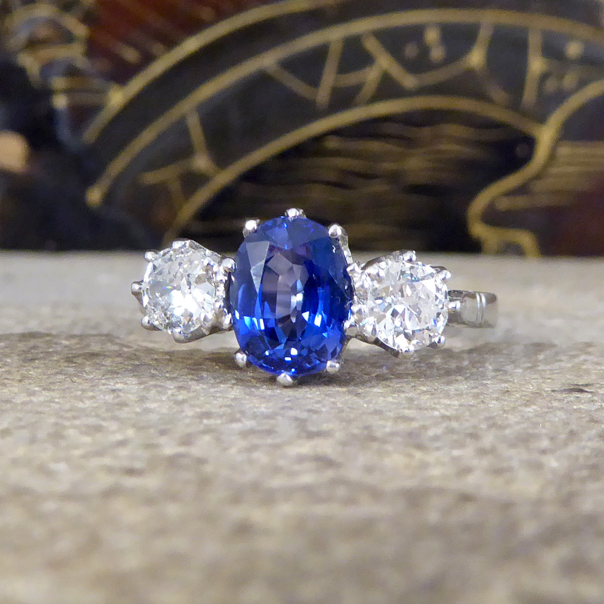 1.50ct Sapphire and 0.55ct Diamond Three Stone Ring in Platinum - Wharfedale Antiques