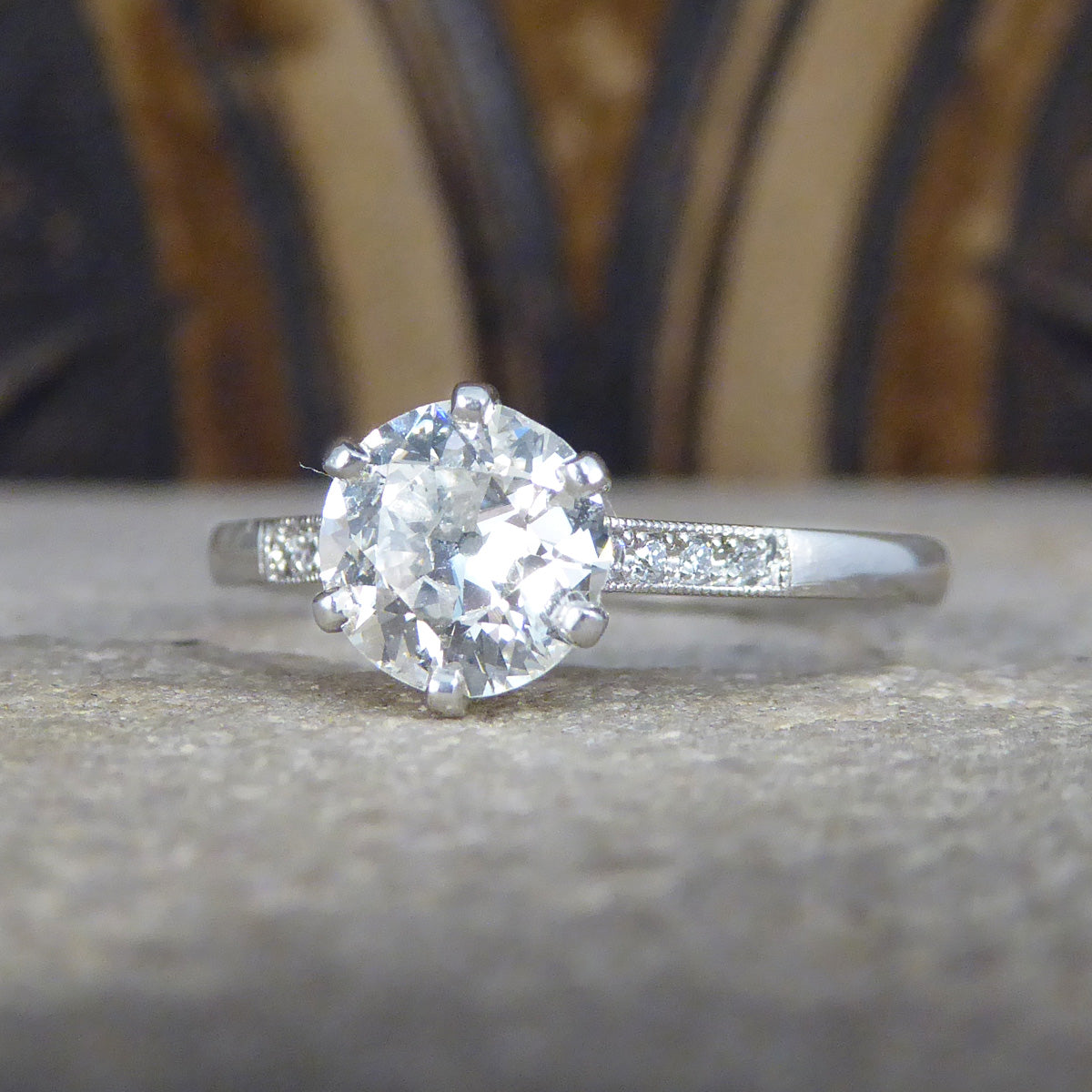 0.82ct Old European Cut Diamond Solitaire with Diamond Shoulders in Platinum - Wharfedale Antiques