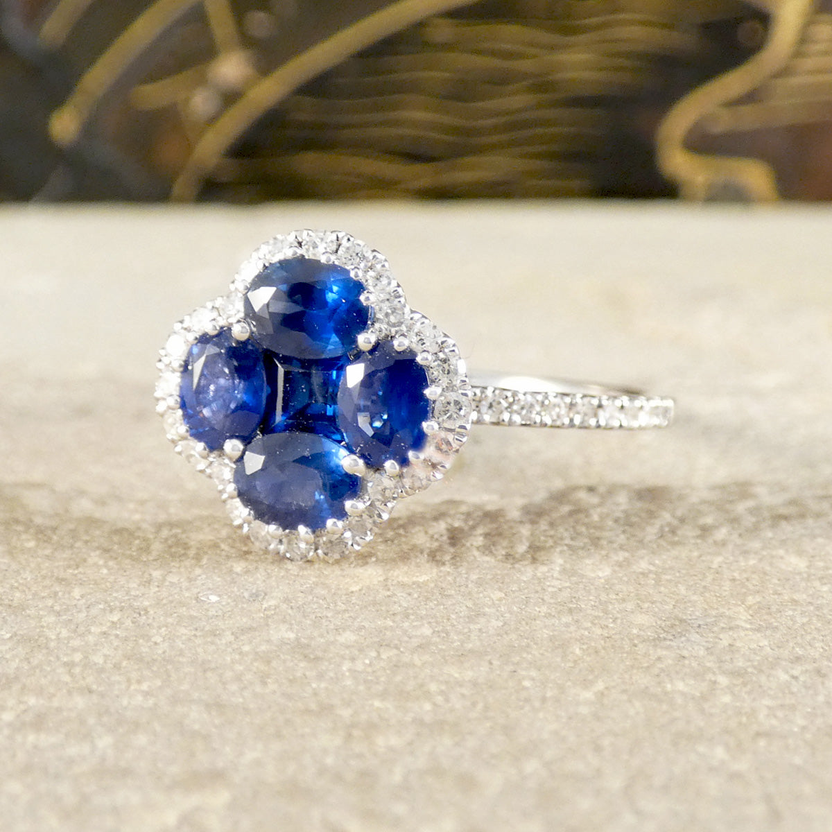 Sapphire and Diamond Shamrock Ring in 18ct White Gold