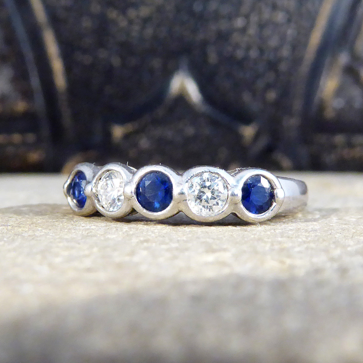 Sapphire and Diamond Bezel set Ring in 18ct White Gold - Wharfedale Antiques