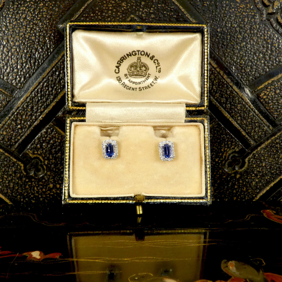 A great gift. Sapphire and Diamond Halo Cluster Stud Earrings in 18ct White Gold displayed in a vintage box.