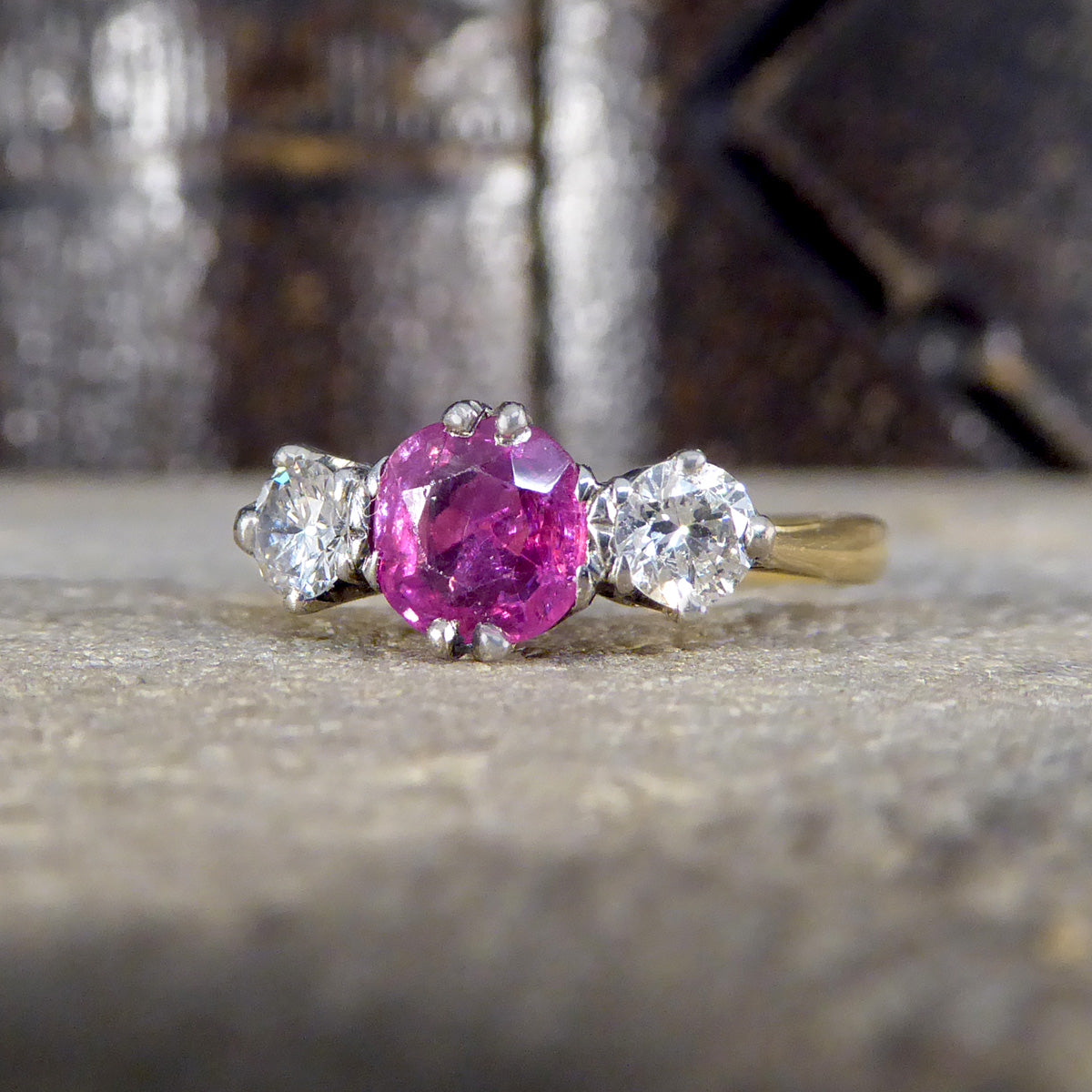 Early 20th Century Ruby and Diamond Three Stone Ring in 18ct Yellow Gold and Platinum