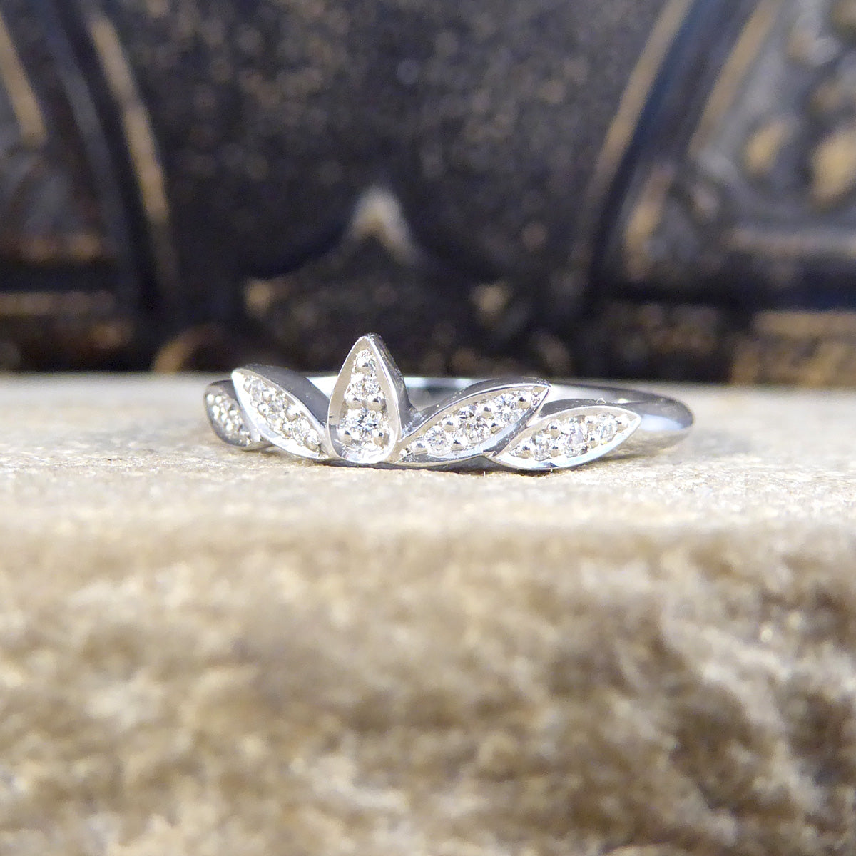 Diamond Set Decorative Crown Band Ring in Platinum - Wharfedale Antiques