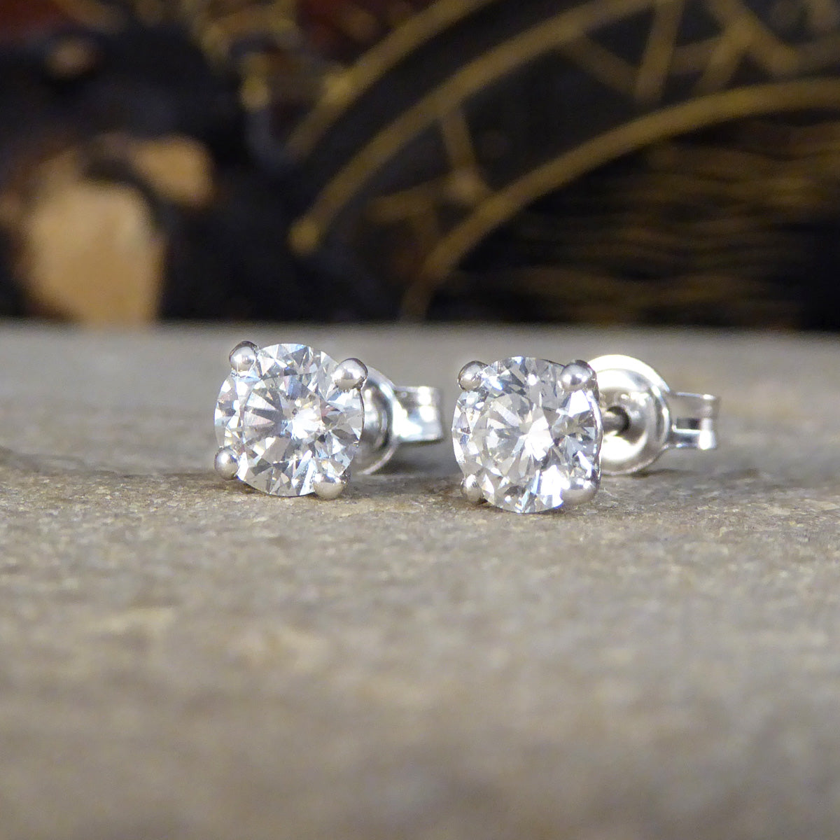 1.02ct Diamond Four Claw Stud Earrings in Platinum - Wharfedale Antiques