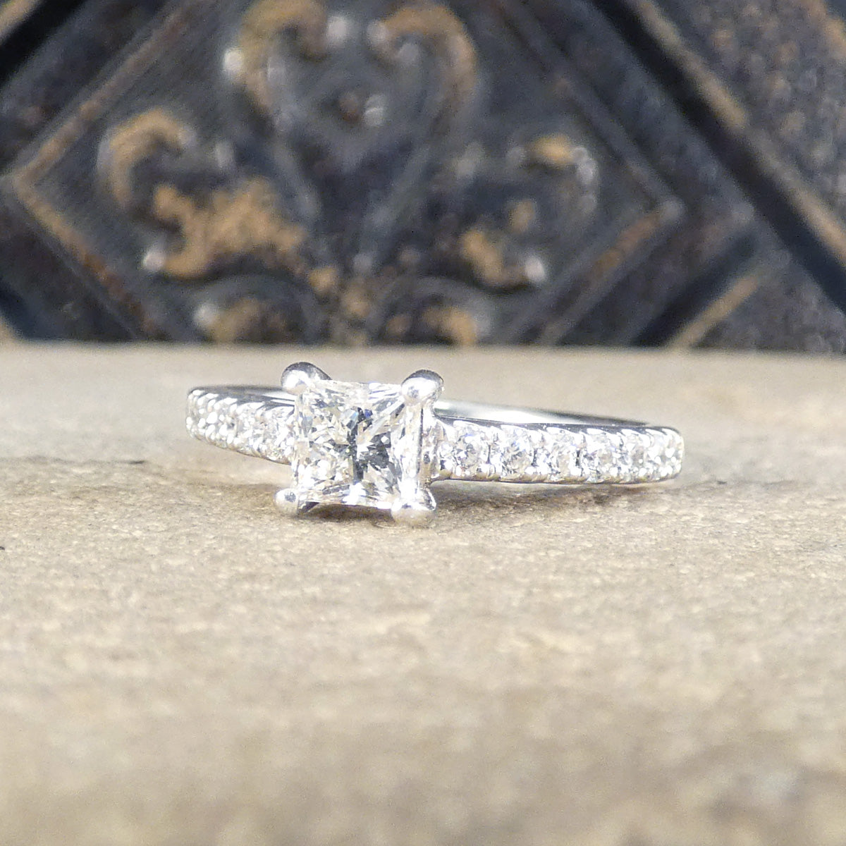 Princess Cut Diamond Solitaire Engagement Ring with Diamond Set Shoulders in Platinum - Wharfedale Antiques